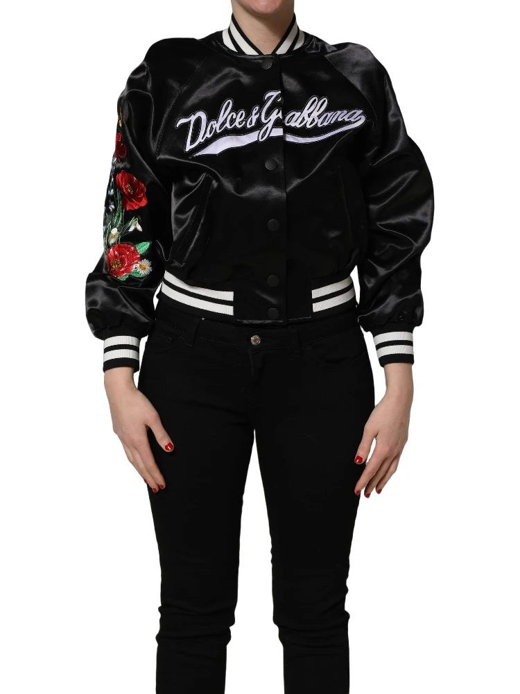 Black Satin Floral Embroidery Bomber Jacket