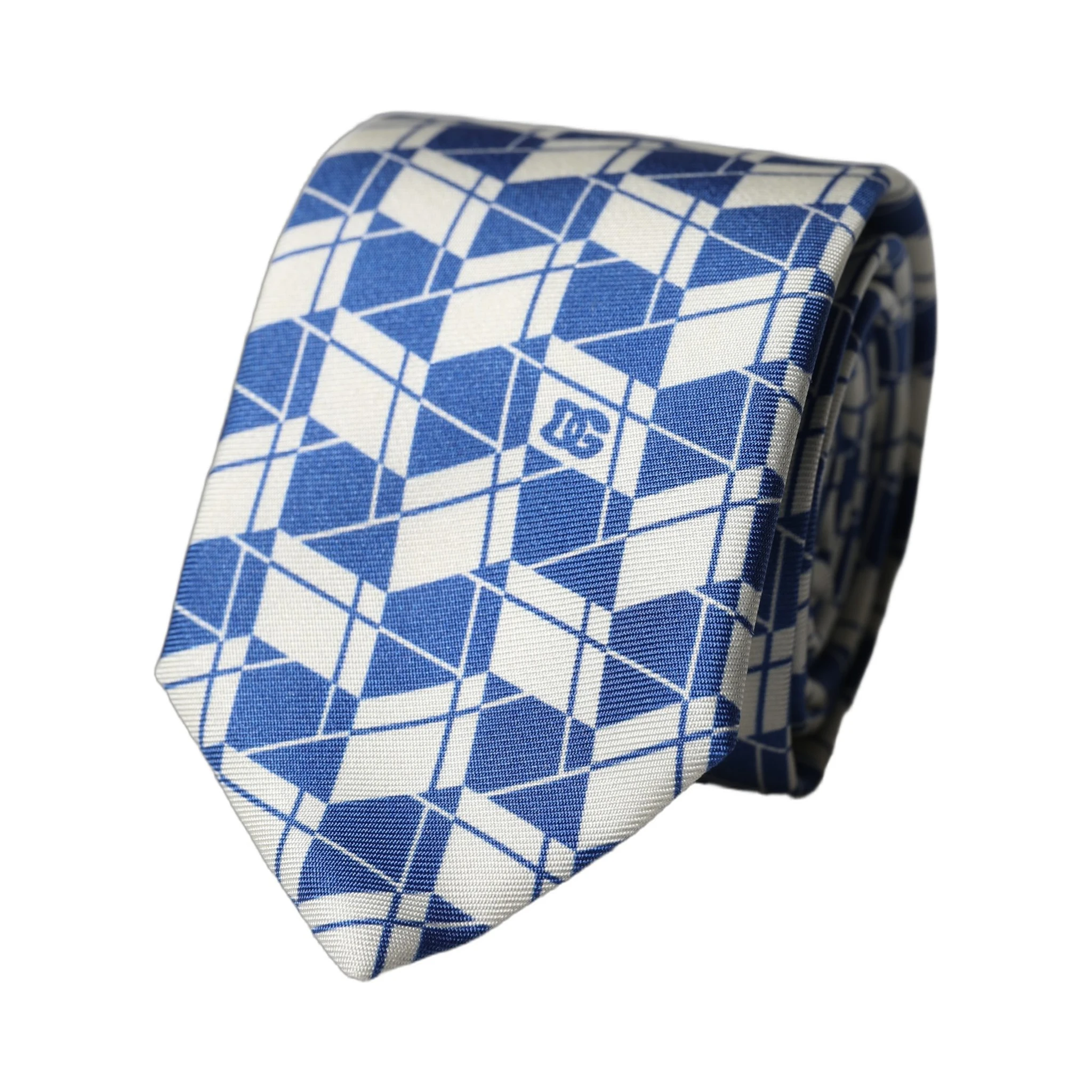 Blue White Geometric Silk Adjustable Men Tied Necktie Tie