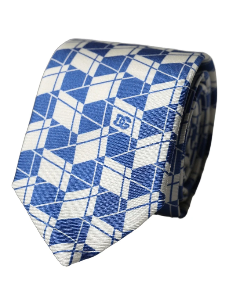 Blue White Geometric Silk Adjustable Men Tied Necktie Tie alternative