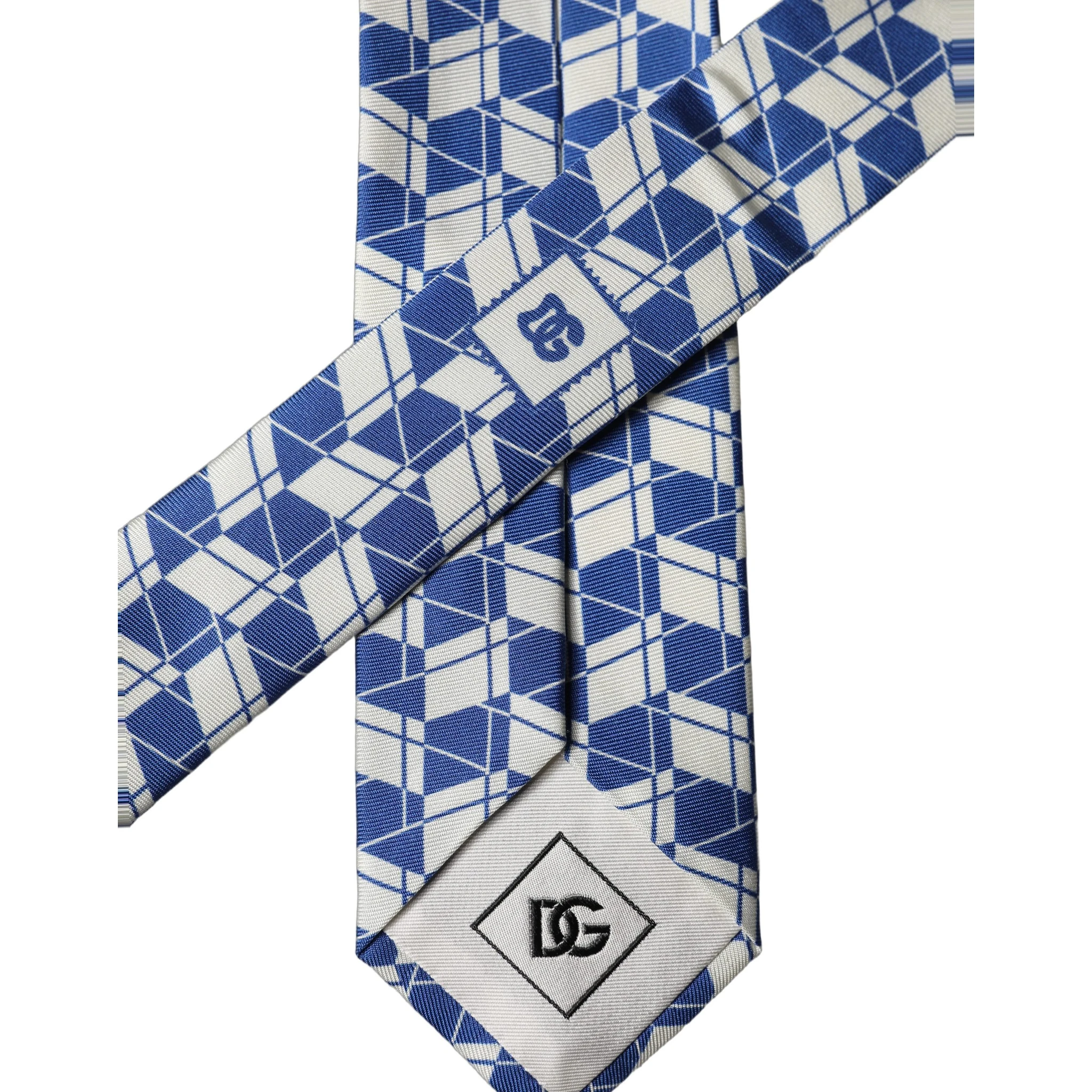 Blue White Geometric Silk Adjustable Men Tied Necktie Tie