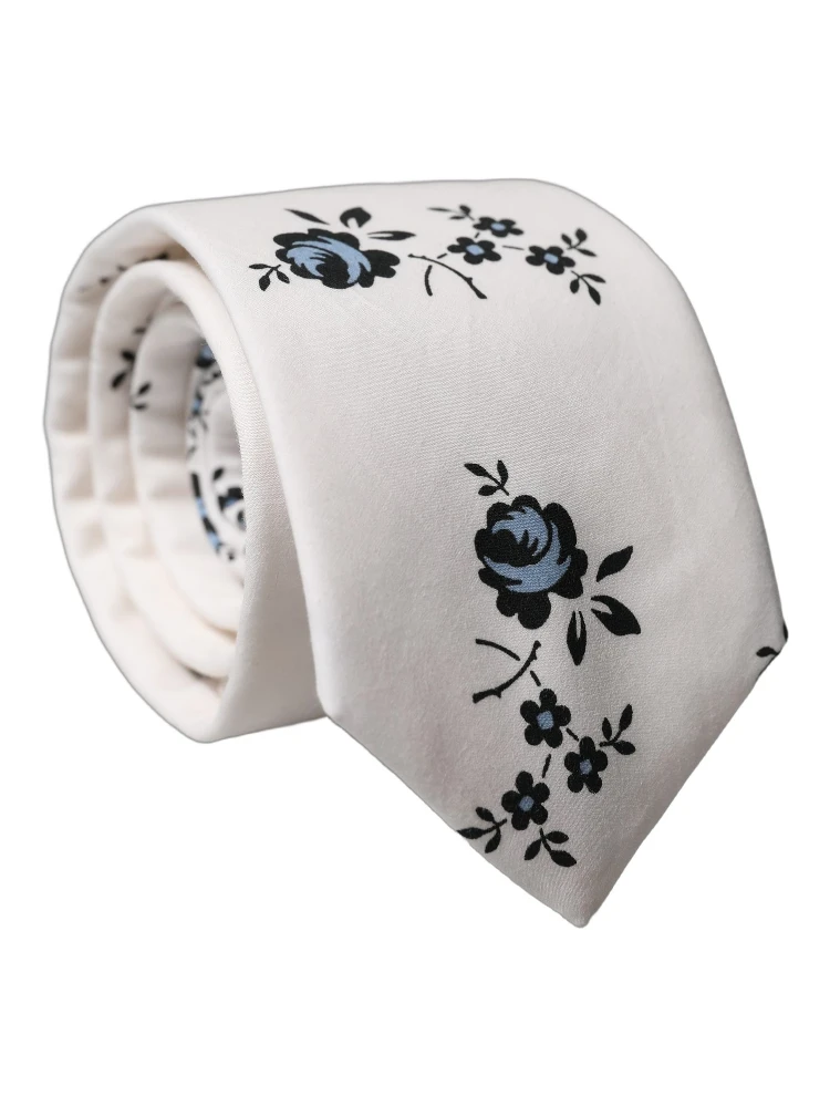 White Floral Fantasy Cotton Adjustable Men Necktie Tie