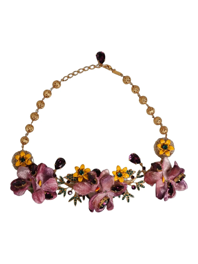 Gold Brass Mix Fiori Flowers Crystal Chain Necklace