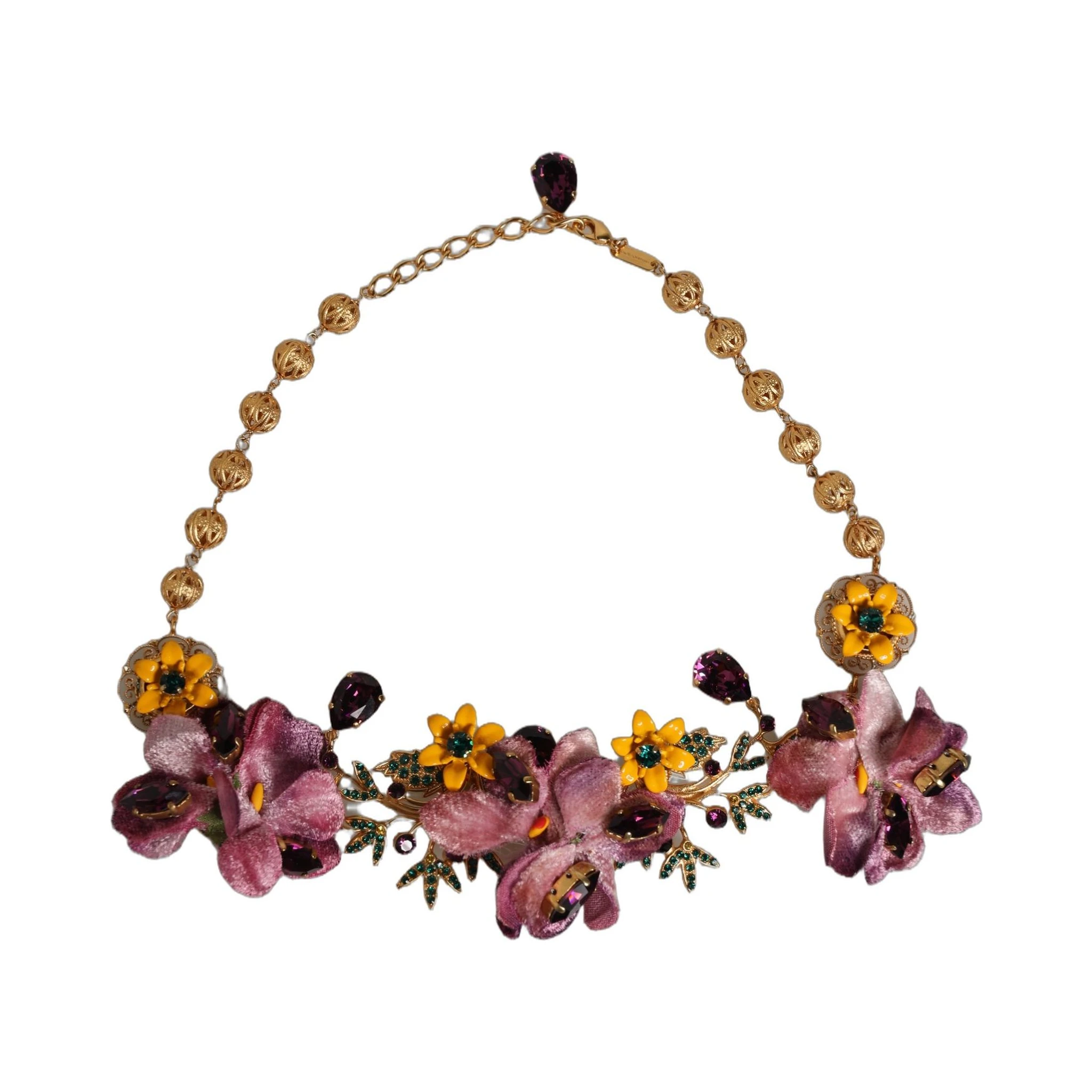 Gold Brass Mix Fiori Flowers Crystal Chain Necklace