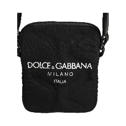Black Nylon Rubberized Logo Print Crossbody Borse Bag