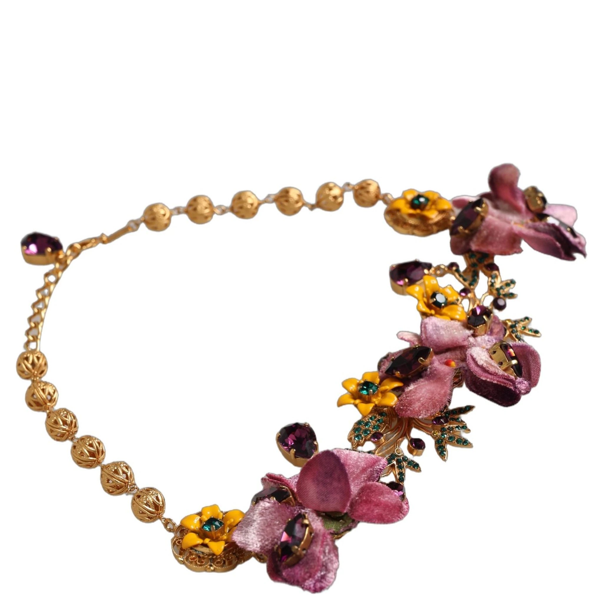 Gold Brass Mix Fiori Flowers Crystal Chain Necklace