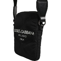 Black Nylon Rubberized Logo Print Crossbody Borse Bag