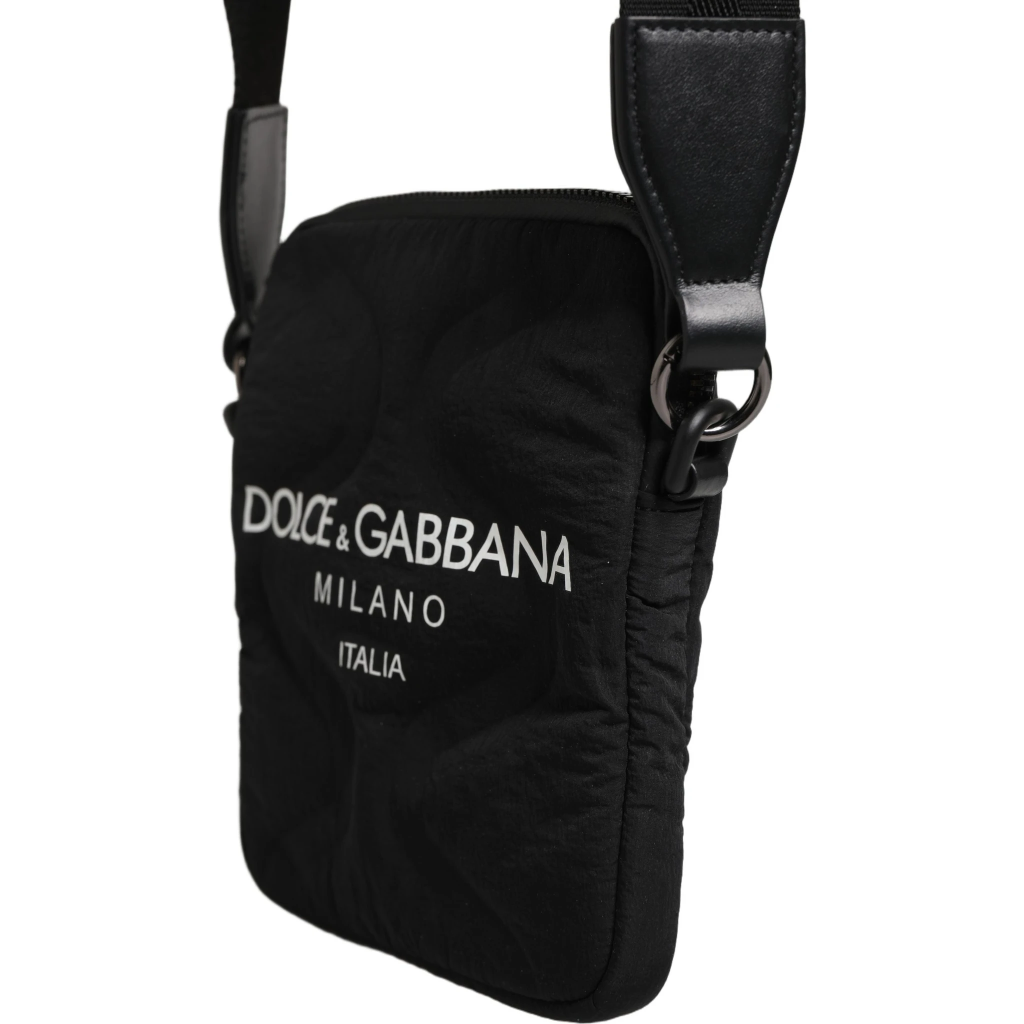 Black Nylon Rubberized Logo Print Crossbody Borse Bag