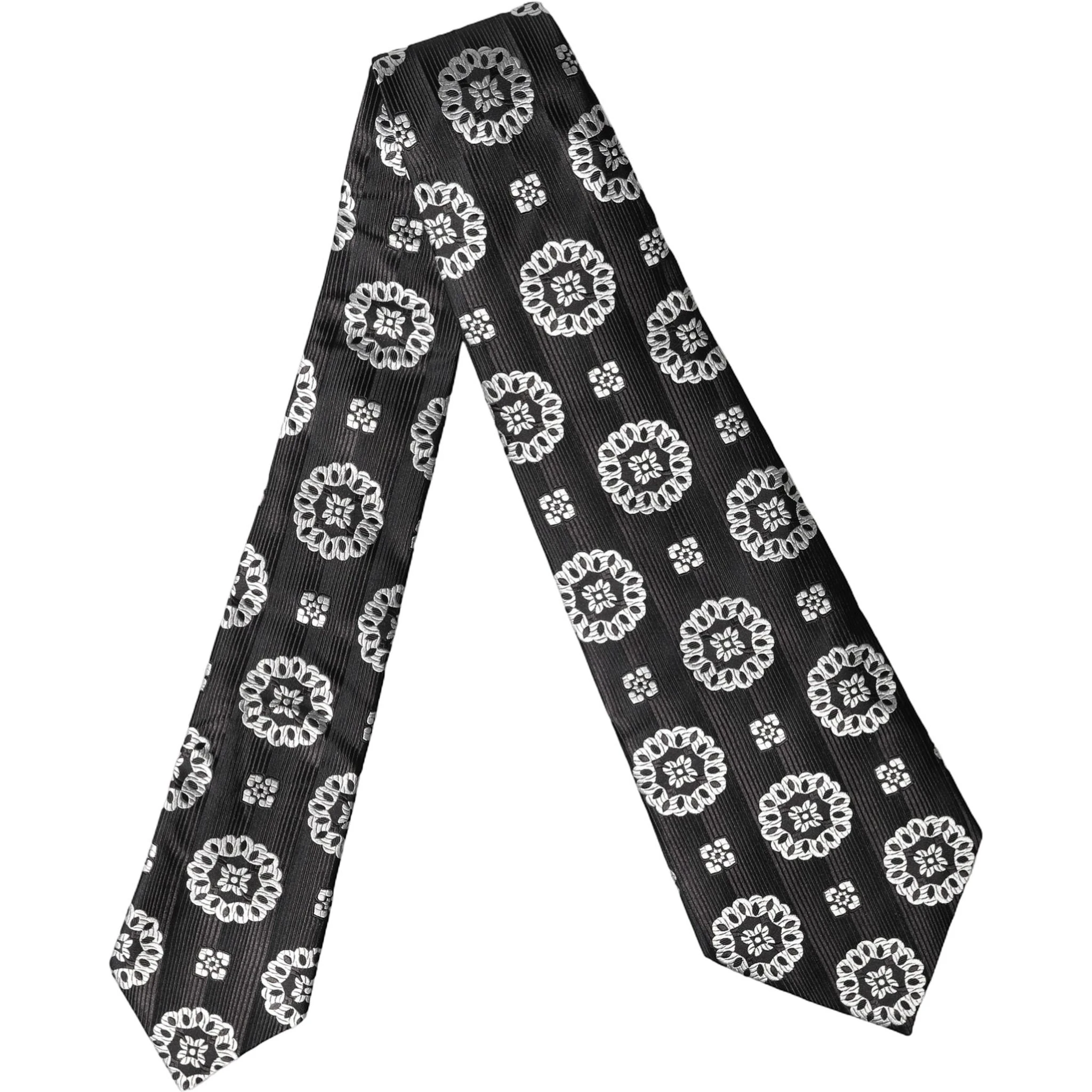 Black White Floral Silk Adjustable Women Necktie Tie