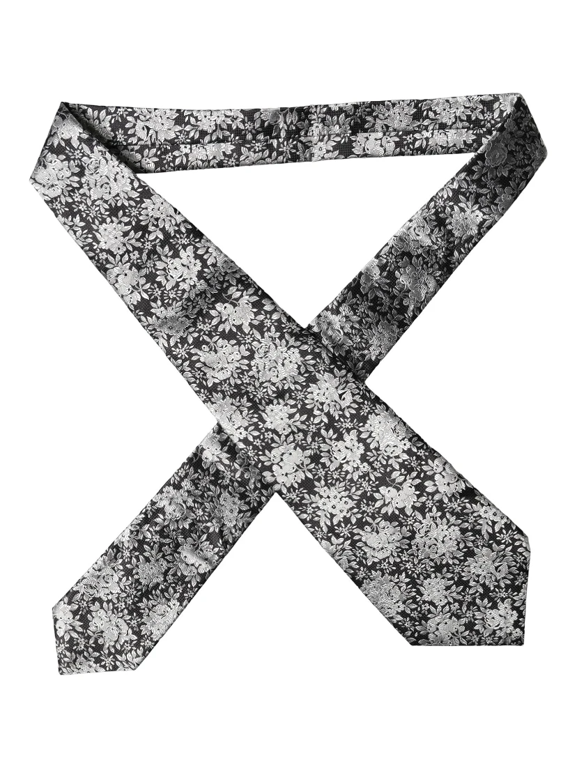 Black Silver Floral Silk Adjustable Women Necktie Tie