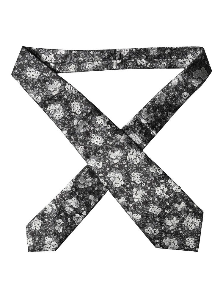 Black White Floral Silk Adjustable Women Necktie Tie