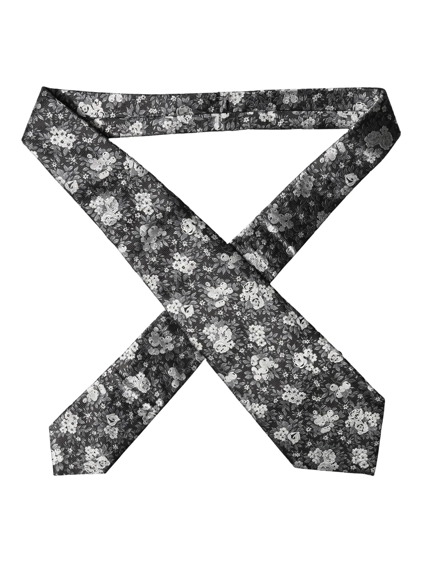 Black White Floral Silk Adjustable Women Necktie Tie