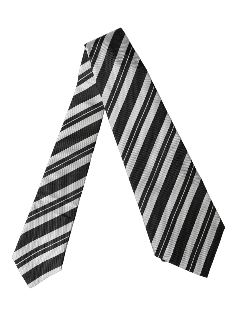 Black White Stripes Silk Adjustable Women Necktie Tie