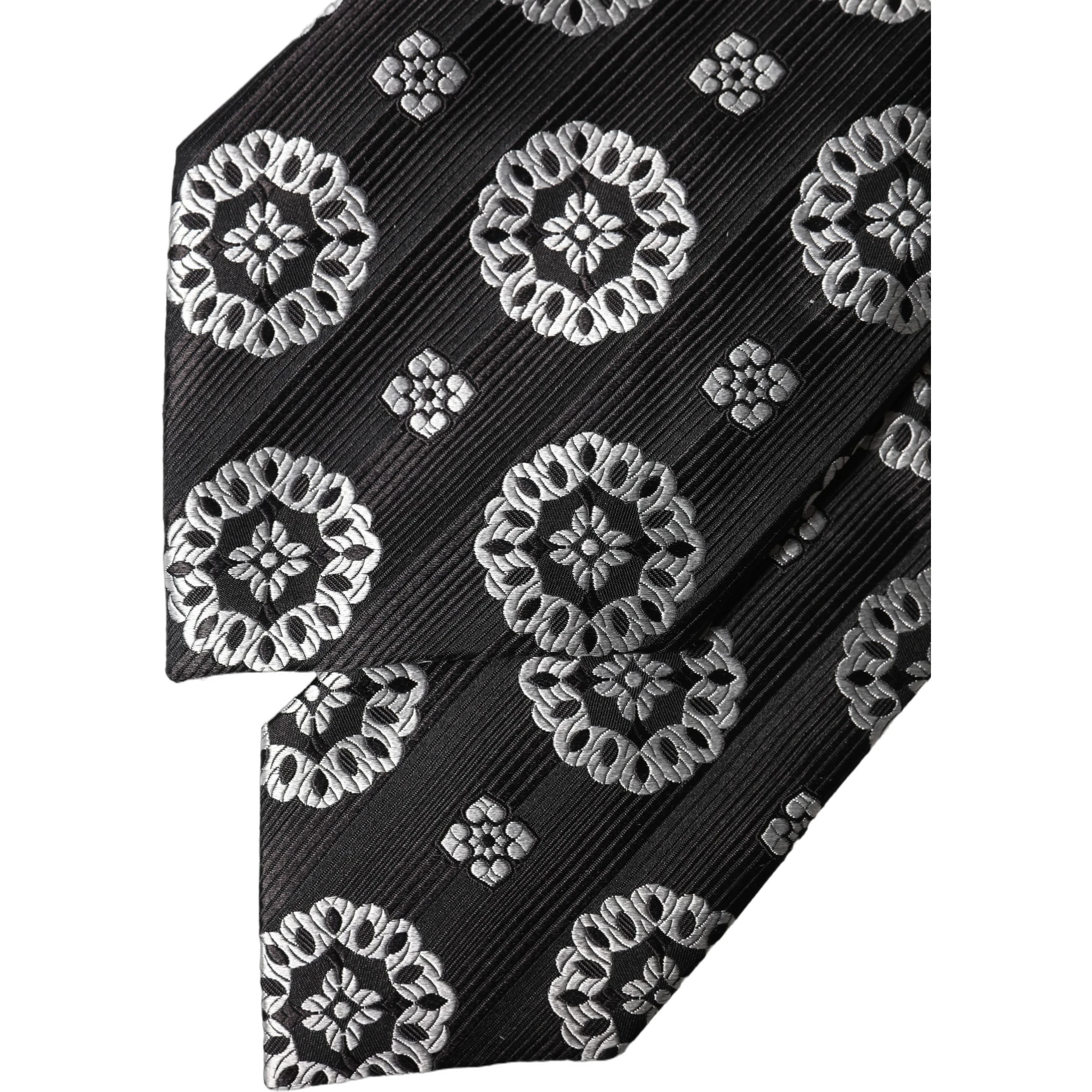Black White Floral Silk Adjustable Women Necktie Tie