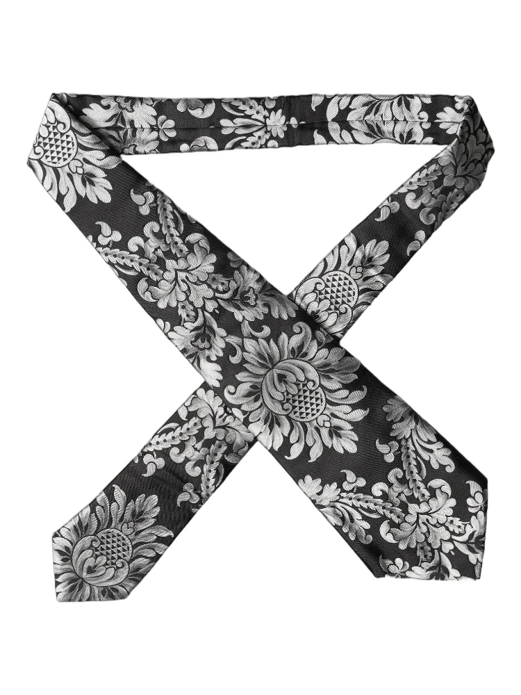 Black Silver Floral Silk Adjustable Women Necktie Tie alternative