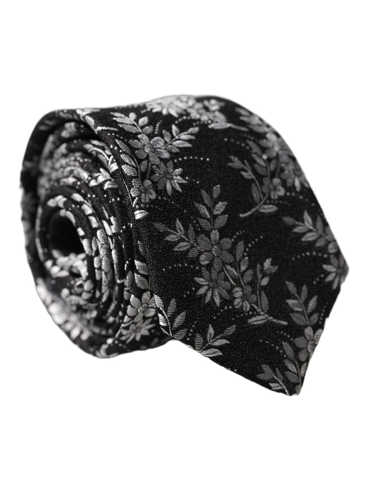 Black White Floral Silk Adjustable Men Tied Necktie Tie alternative