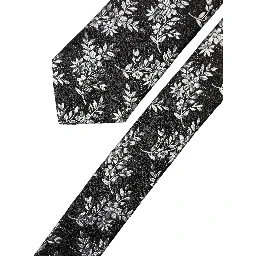 Black White Floral Silk Adjustable Men Tied Necktie Tie