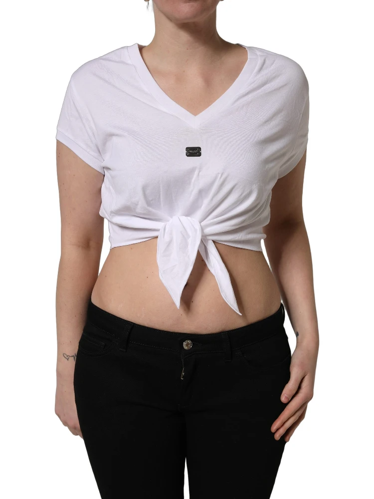 White Logo Embroidered TieWaist Cropped Top