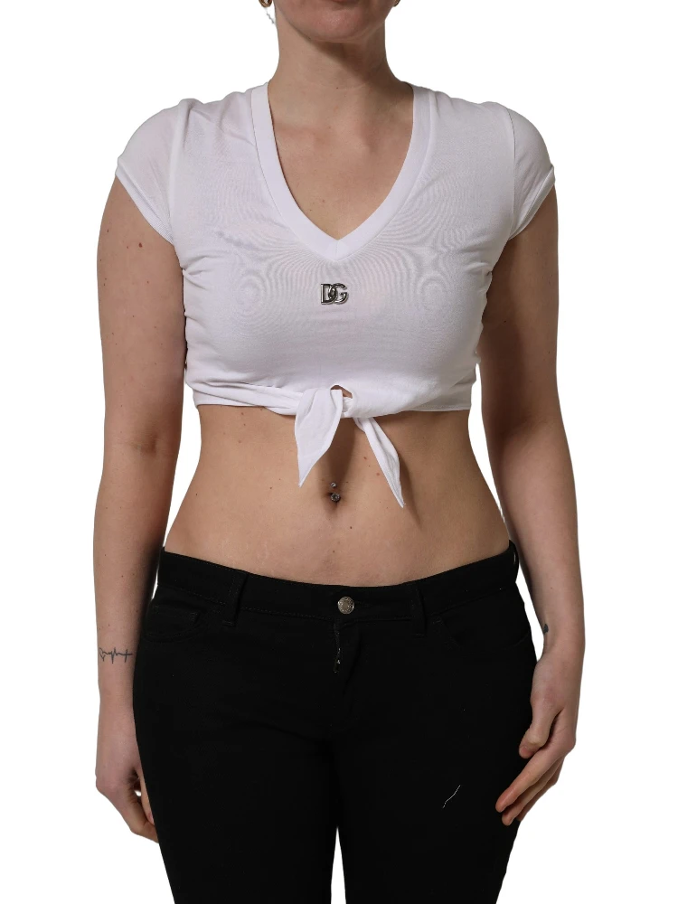 White Logo Embroidered Tie Waist Cropped Top alternative