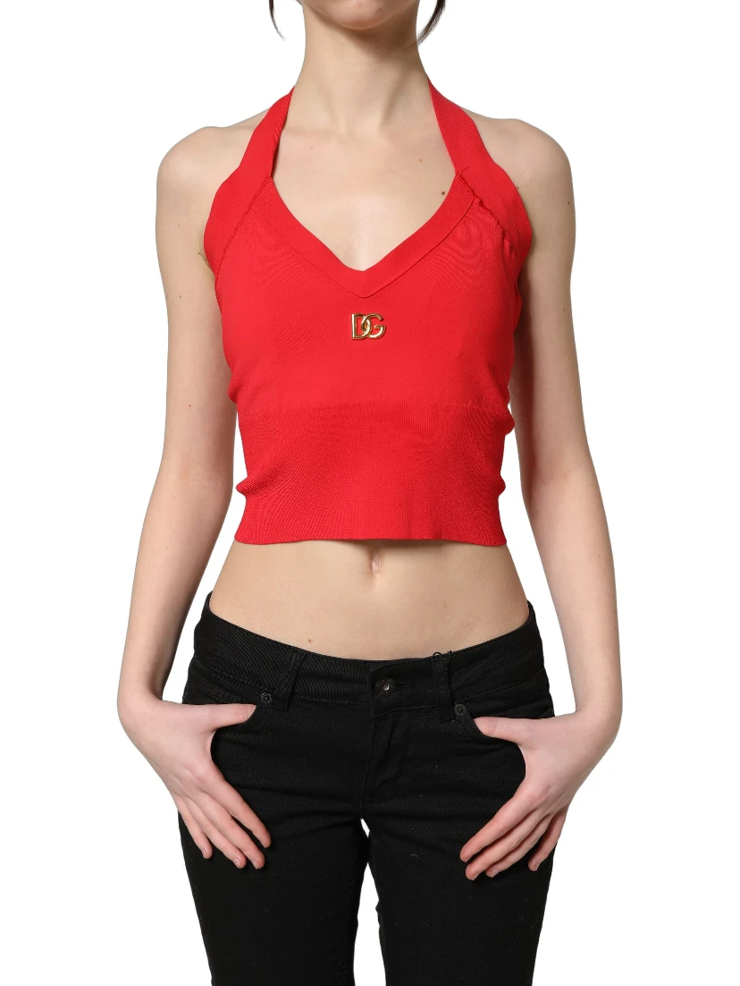 Red Viscose Sleeveless Halter Crop Tank Top