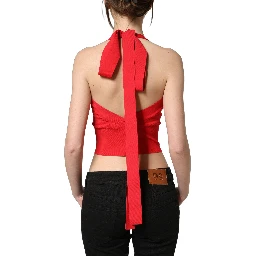 Red Viscose Sleeveless Halter Crop Tank Top