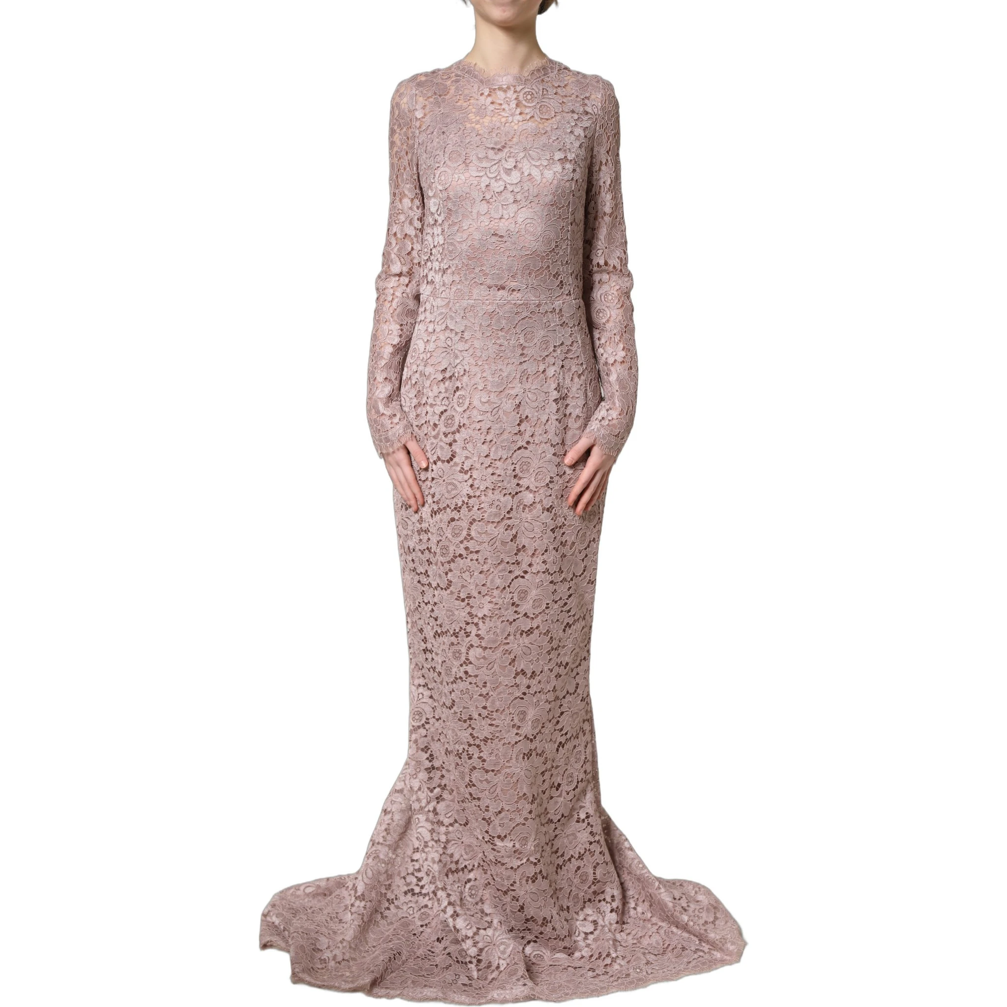 Pink Lace Long Sleeves Evening Gown Dress