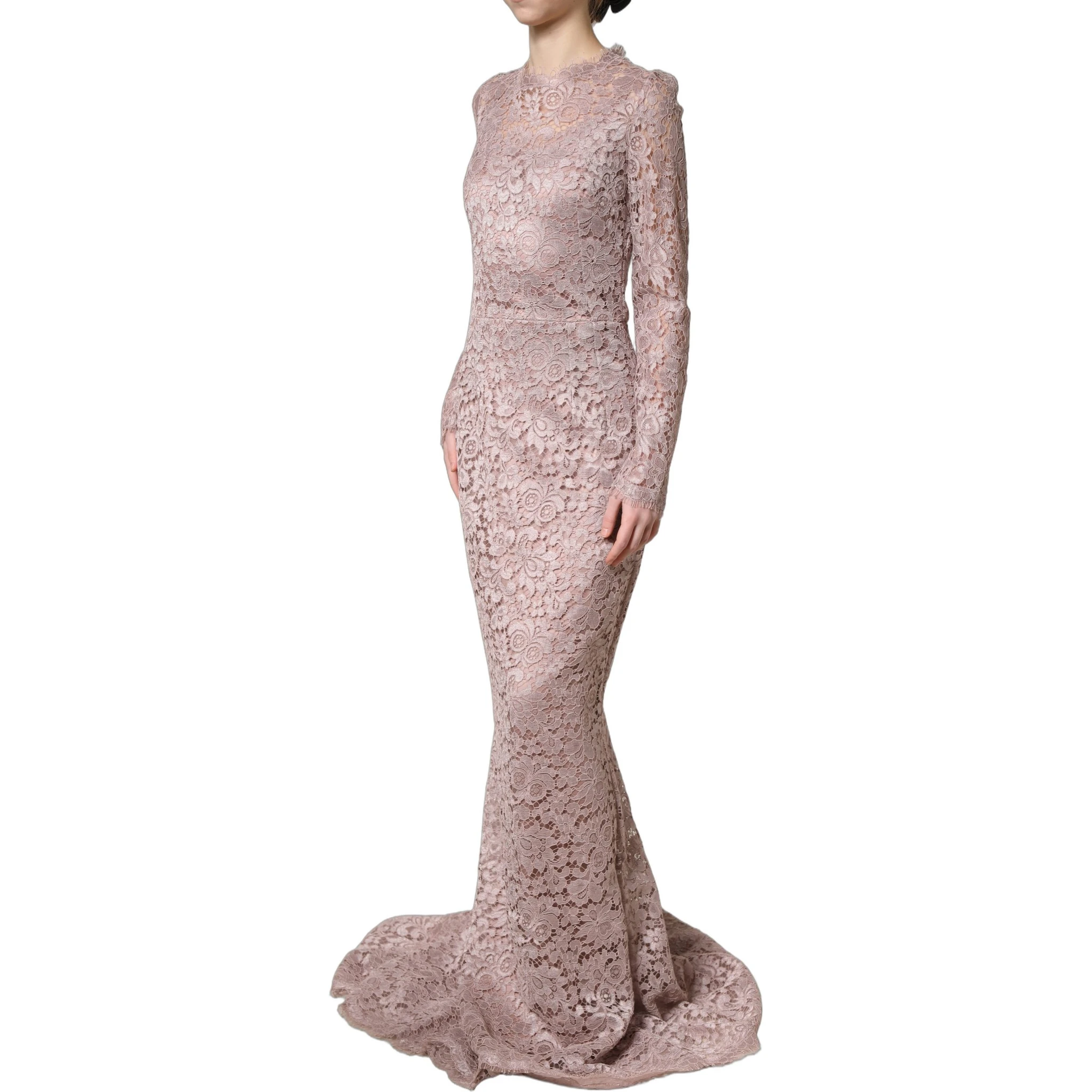Pink Lace Long Sleeves Evening Gown Dress