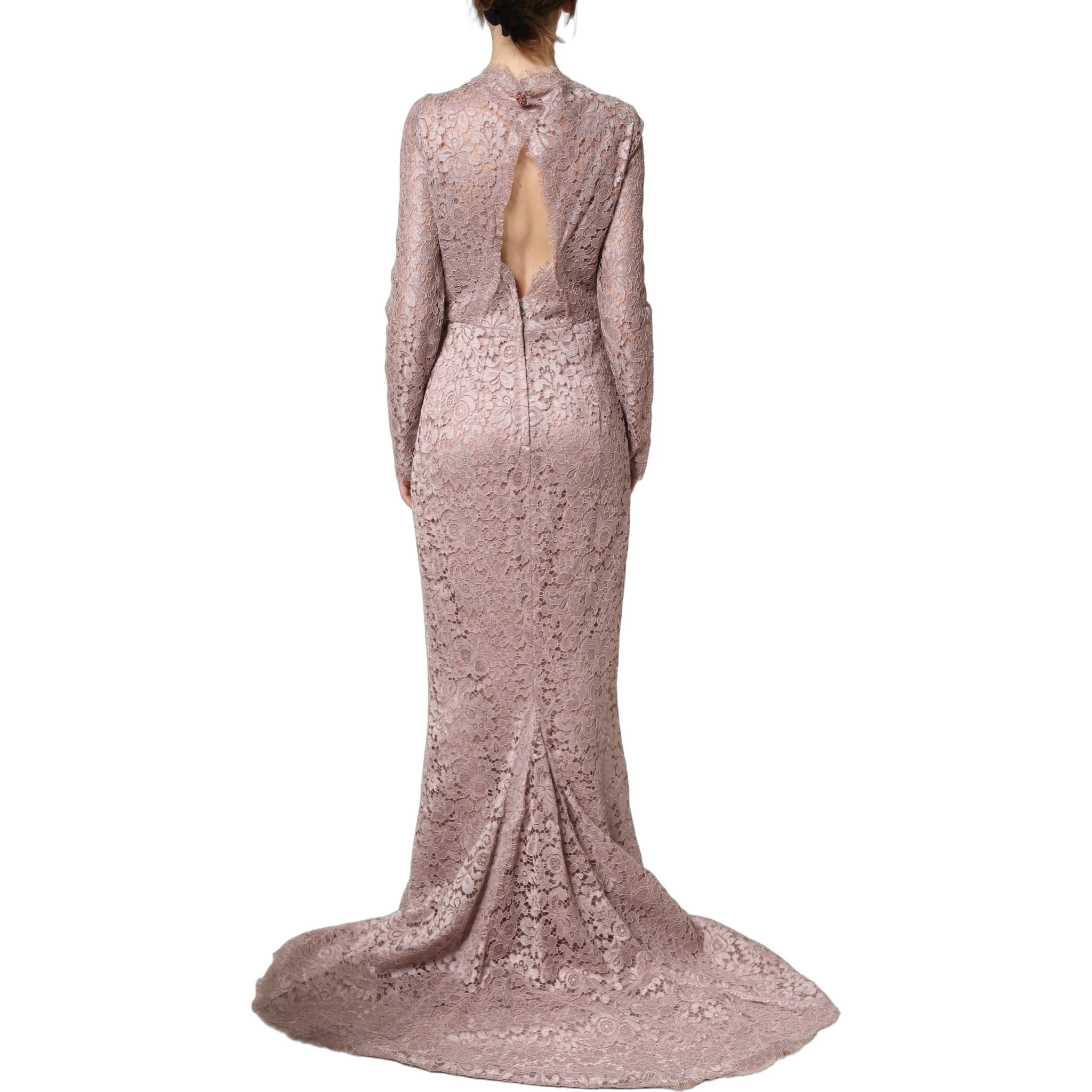 Pink Lace Long Sleeves Evening Gown Dress