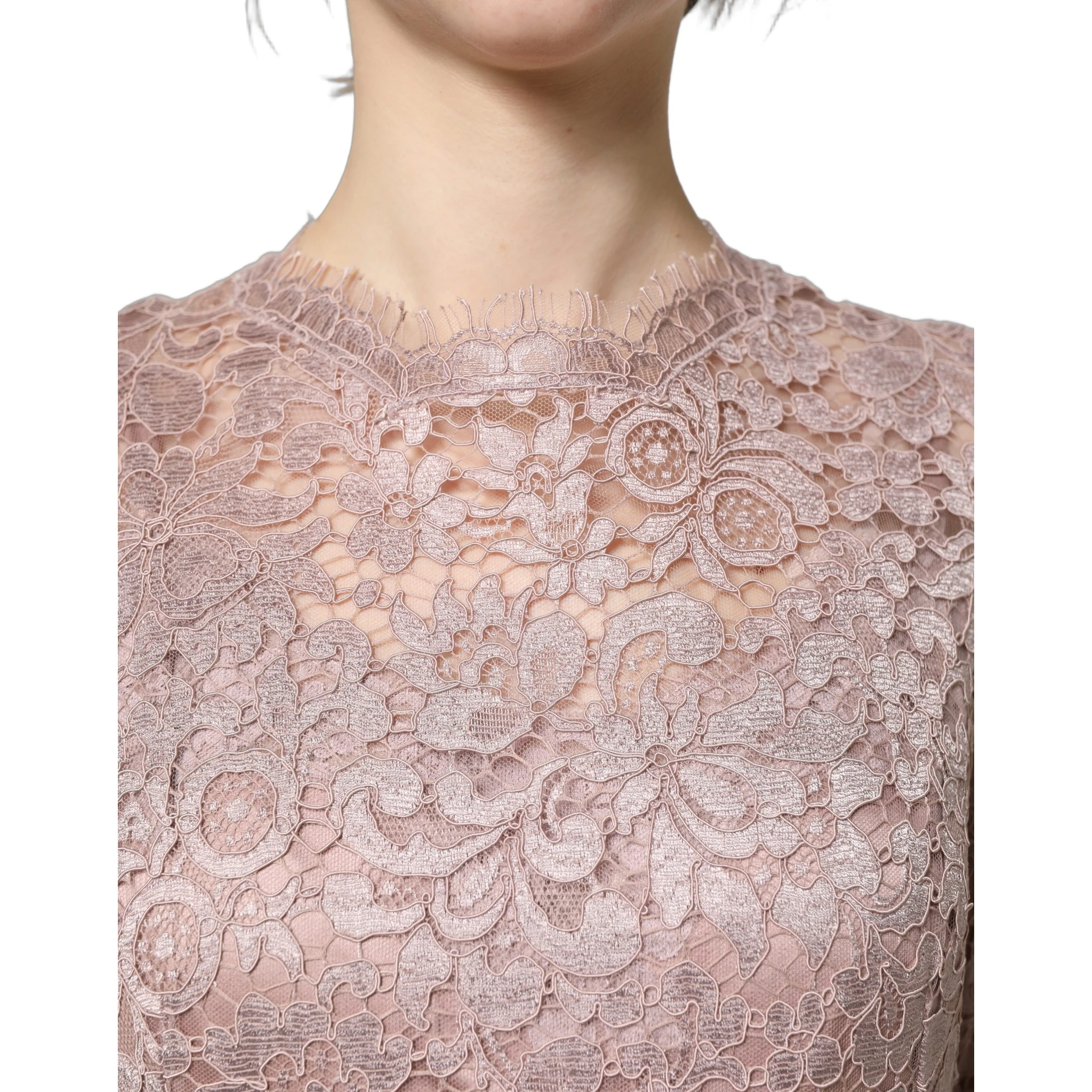 Pink Lace Long Sleeves Evening Gown Dress