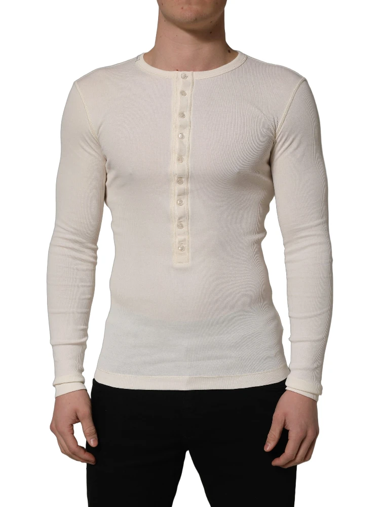 White Long Sleeves Henley Pullover Sweater