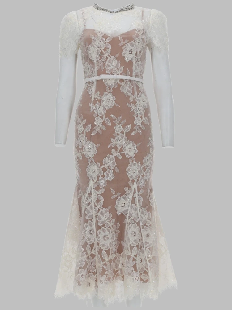 ABITO MIDI CON APPLICAZIONI IN PIZZO E PAILLETTES