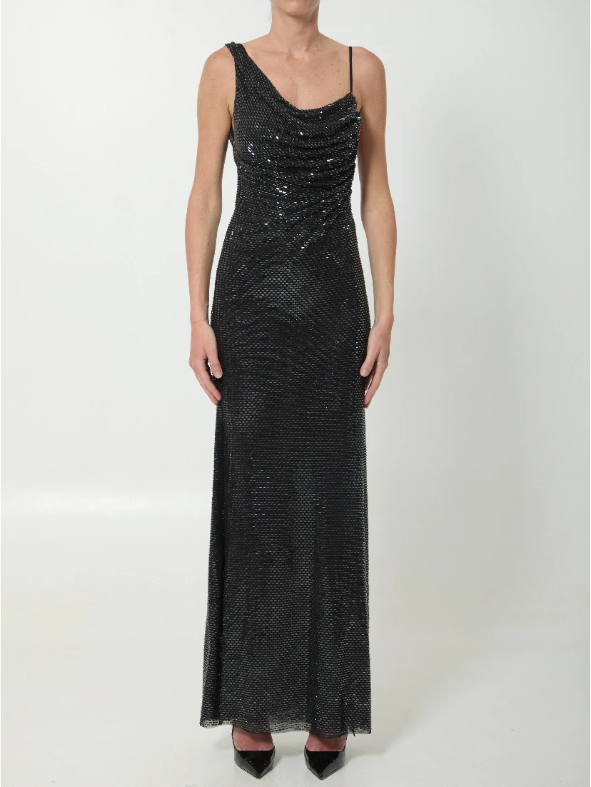 Black rhinestones draped maxi dress