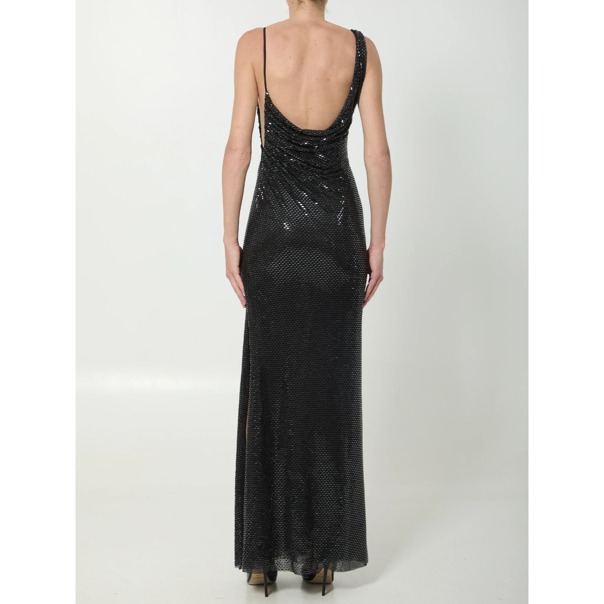 Black rhinestones draped maxi dress