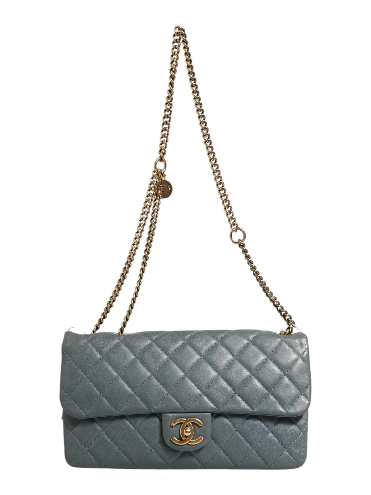 Blue Quilted Leather Crown Flap Shoulder Bag