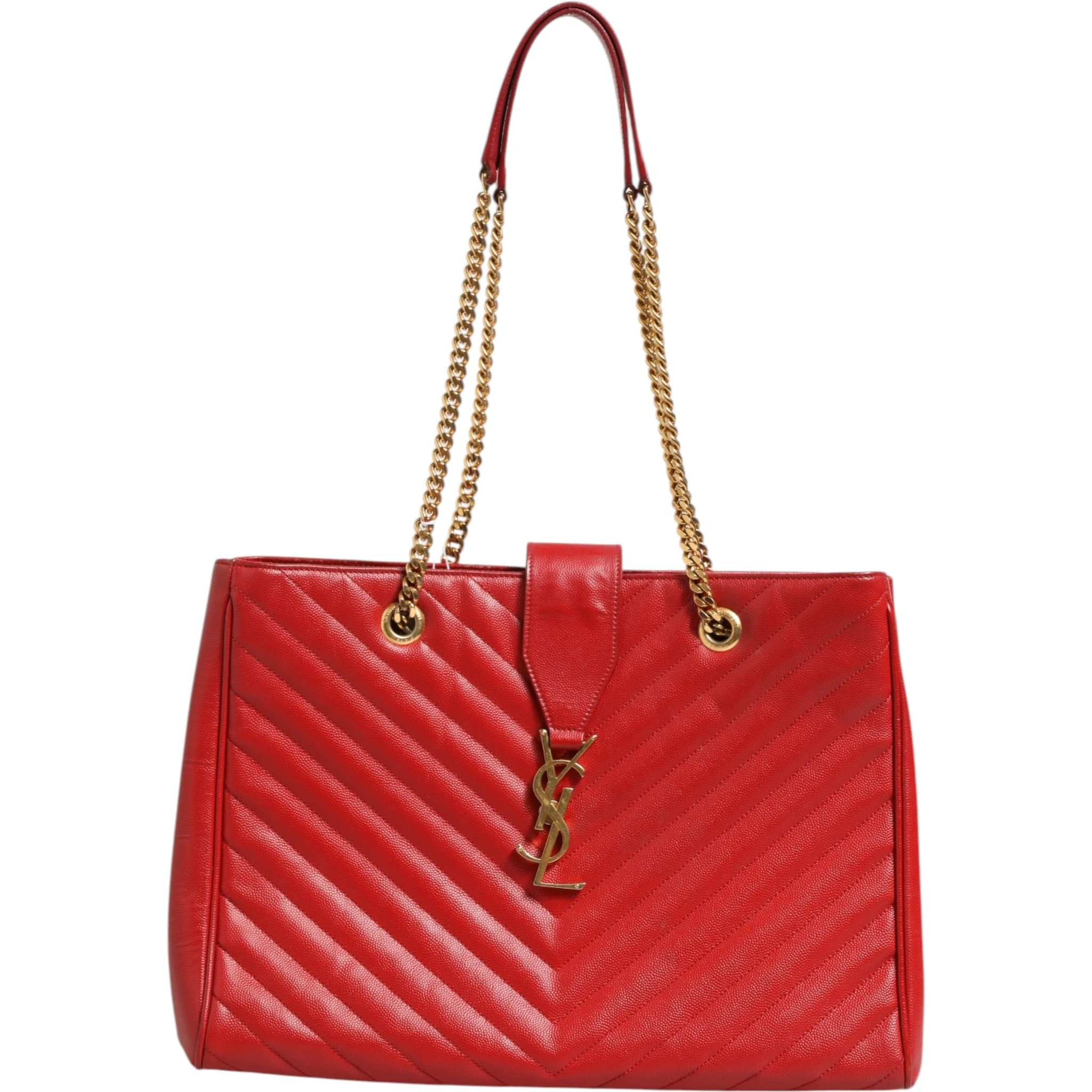 Red Chevron Quilted Grained Leather Monogram Tote Bag