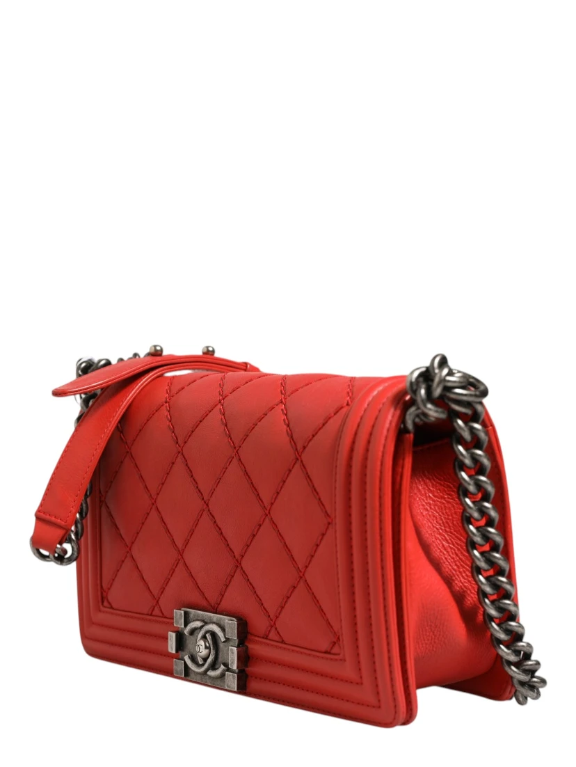 Red Diamond Stitch Calfskin Leather New Medium Boy Bag