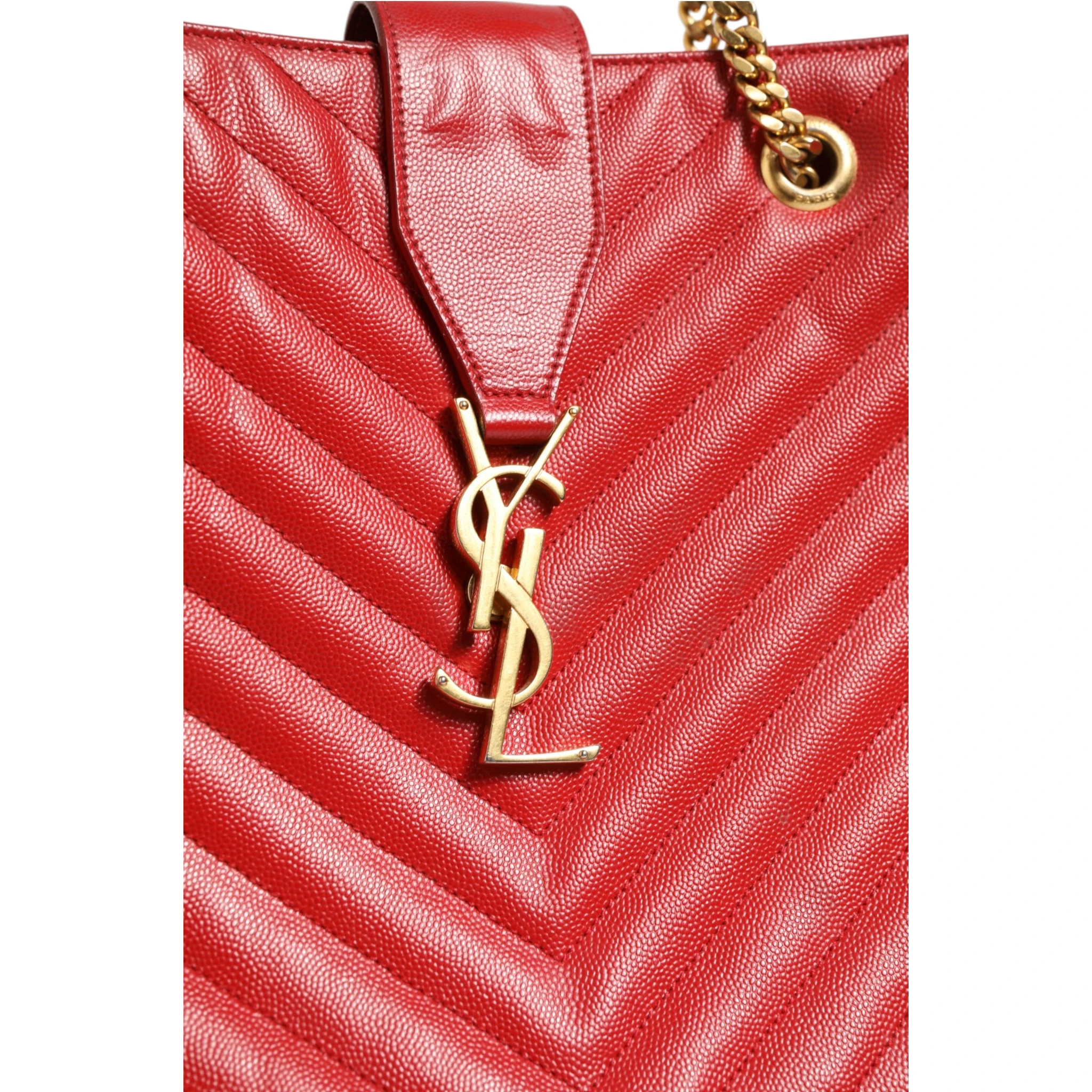 Red Chevron Quilted Grained Leather Monogram Tote Bag