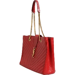 Red Chevron Quilted Grained Leather Monogram Tote Bag