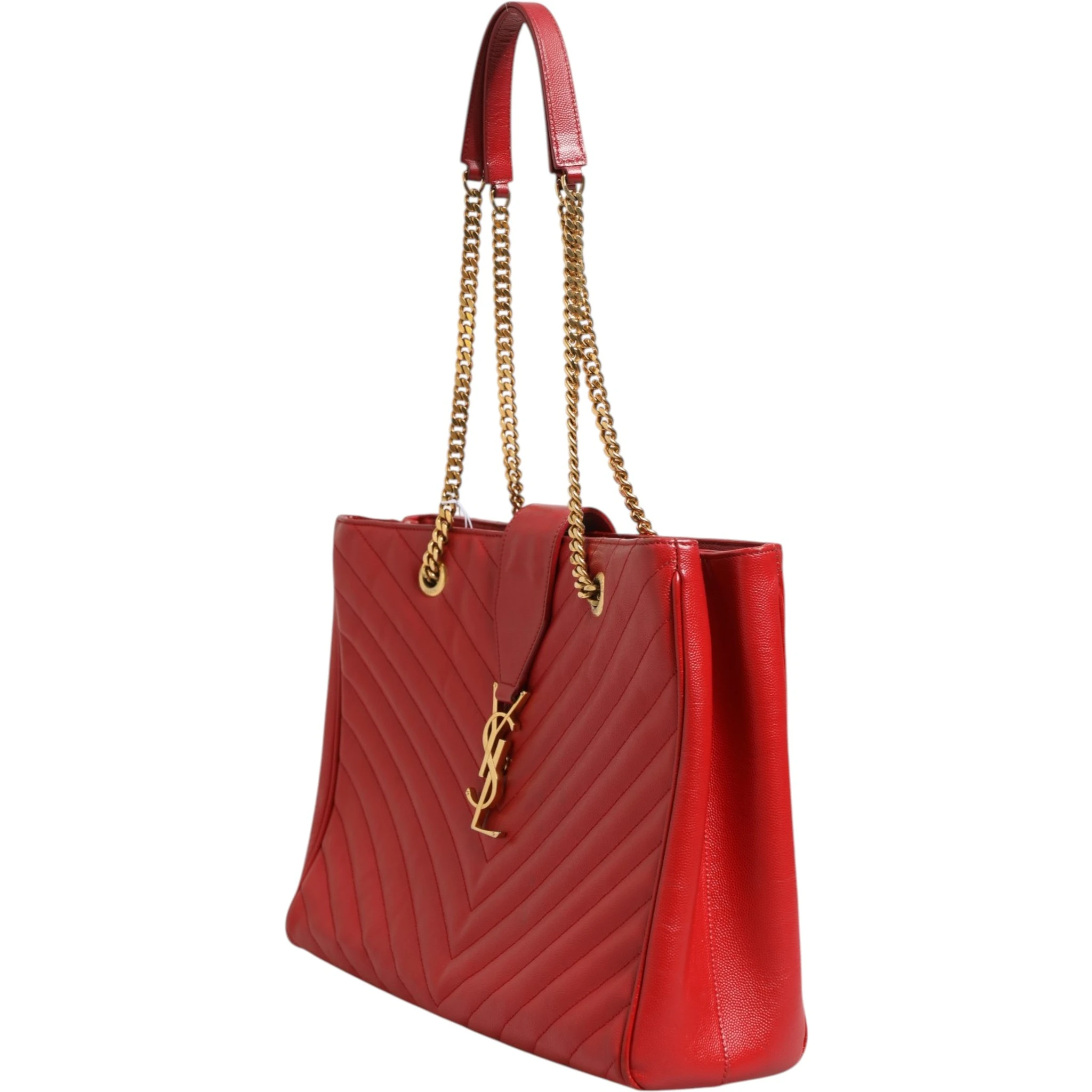 Red Chevron Quilted Grained Leather Monogram Tote Bag