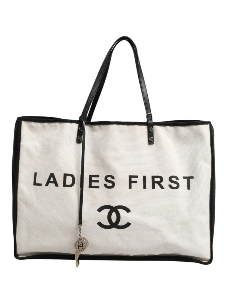 Ladies First White and Black Canvas Shopper Tote Bag
