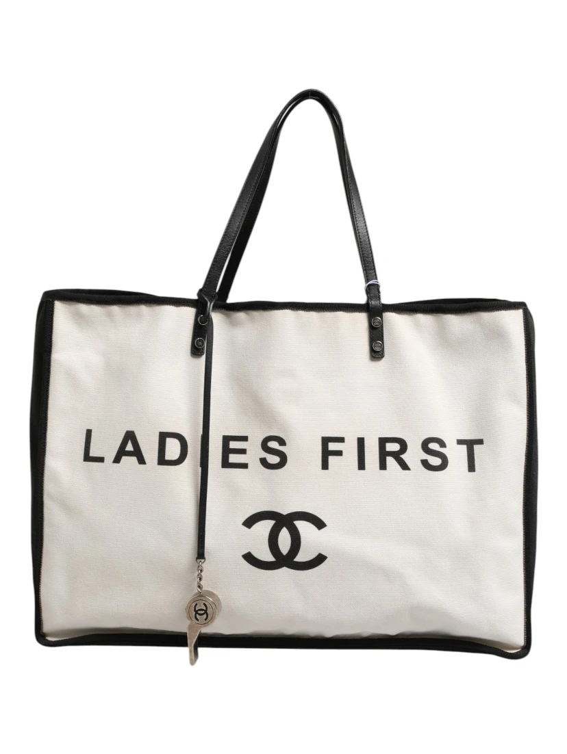 Ladies First White and Black Canvas Shopper Tote Bag