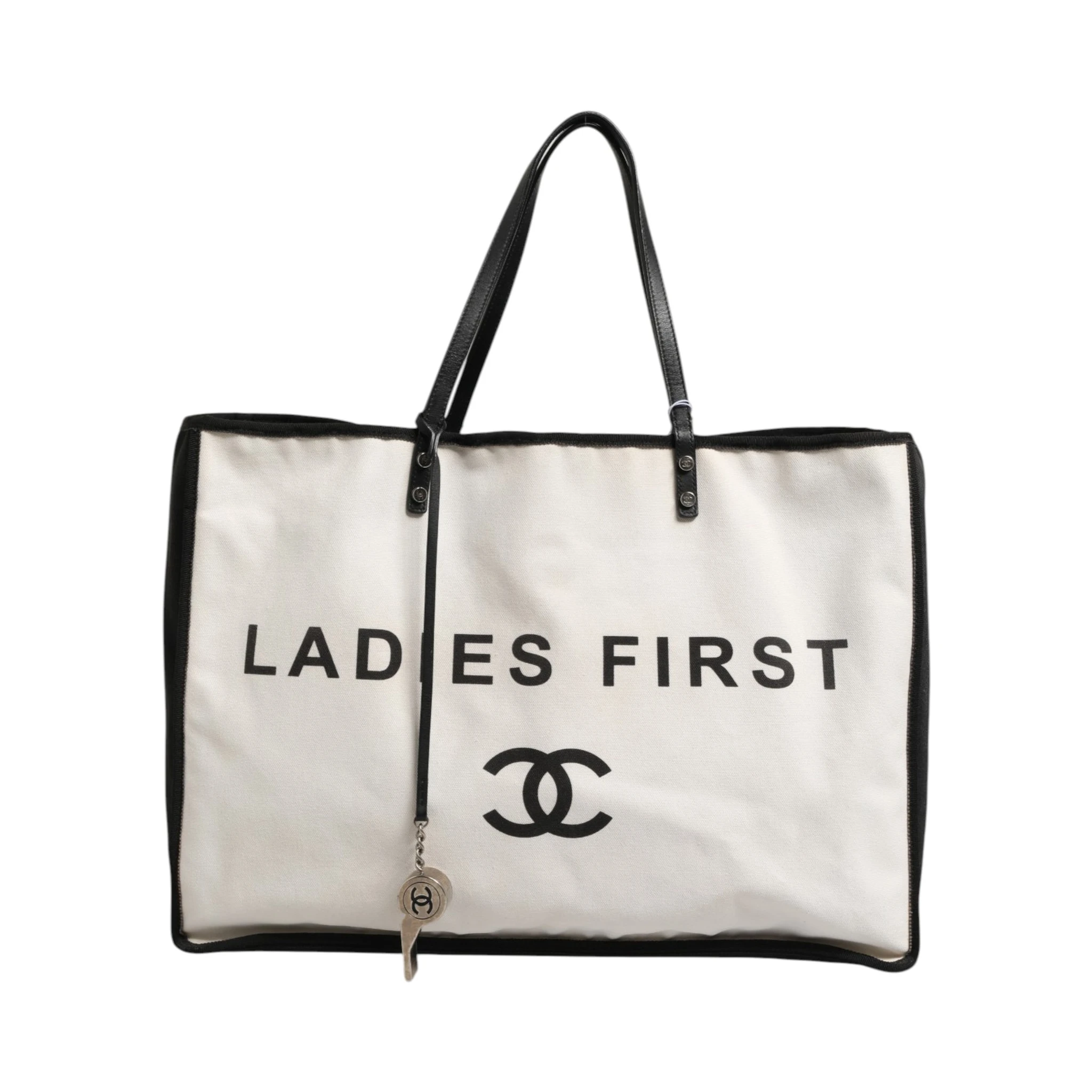 Ladies First White and Black Canvas Shopper Tote Bag