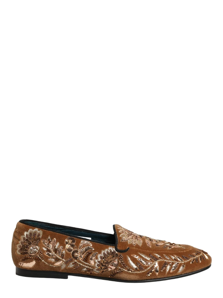 Brown Velvet Floral Embroidery Loafers Shoes