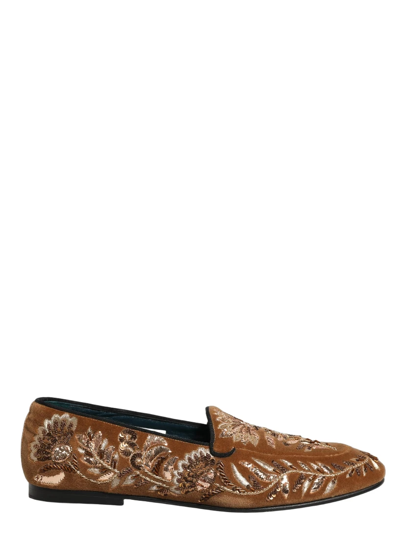 Brown Velvet Floral Embroidery Loafers Shoes