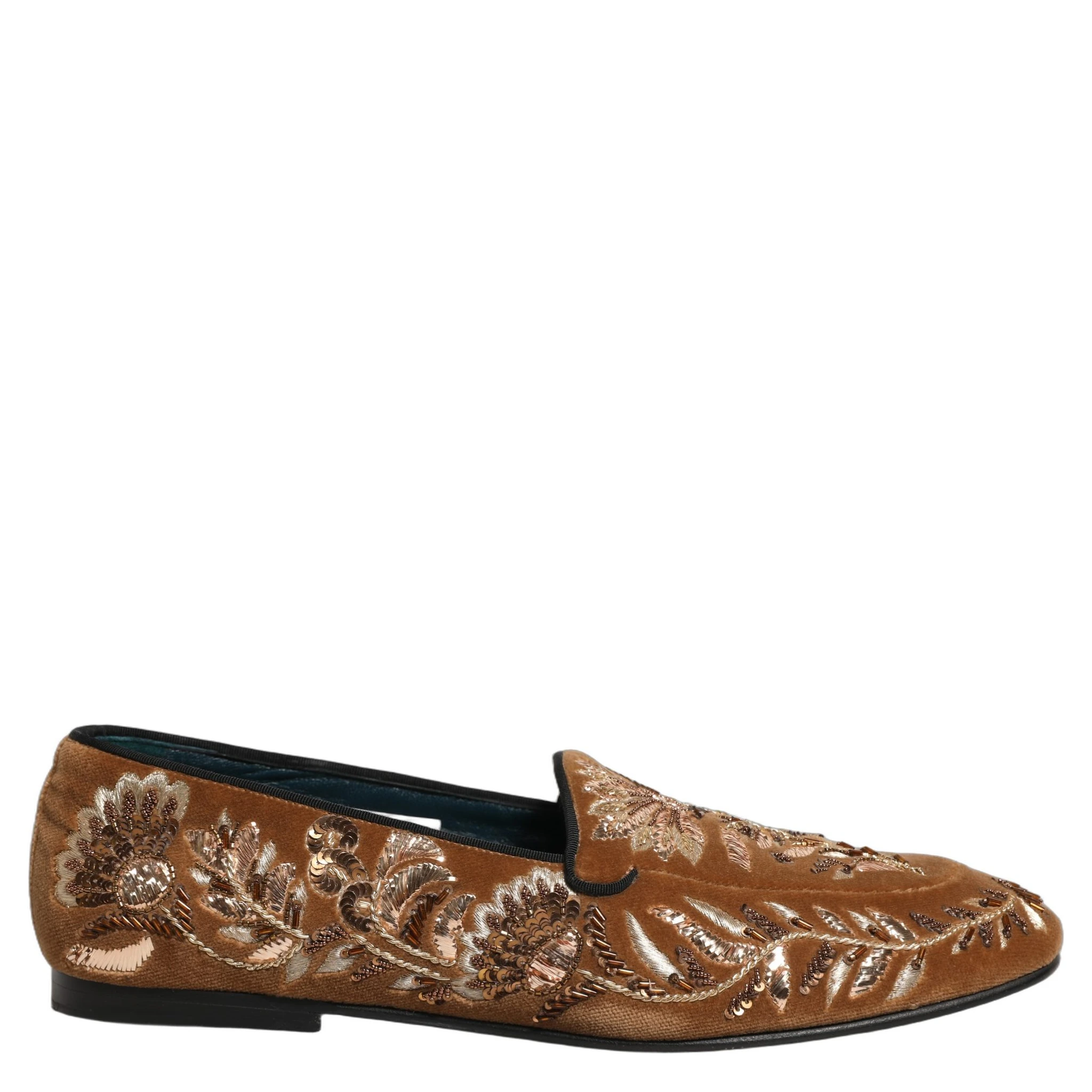 Brown Velvet Floral Embroidery Loafers Shoes