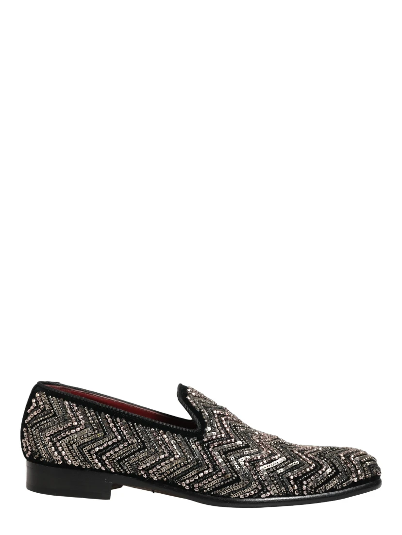 Black Velvet Floral Embellished Loafers Shoes