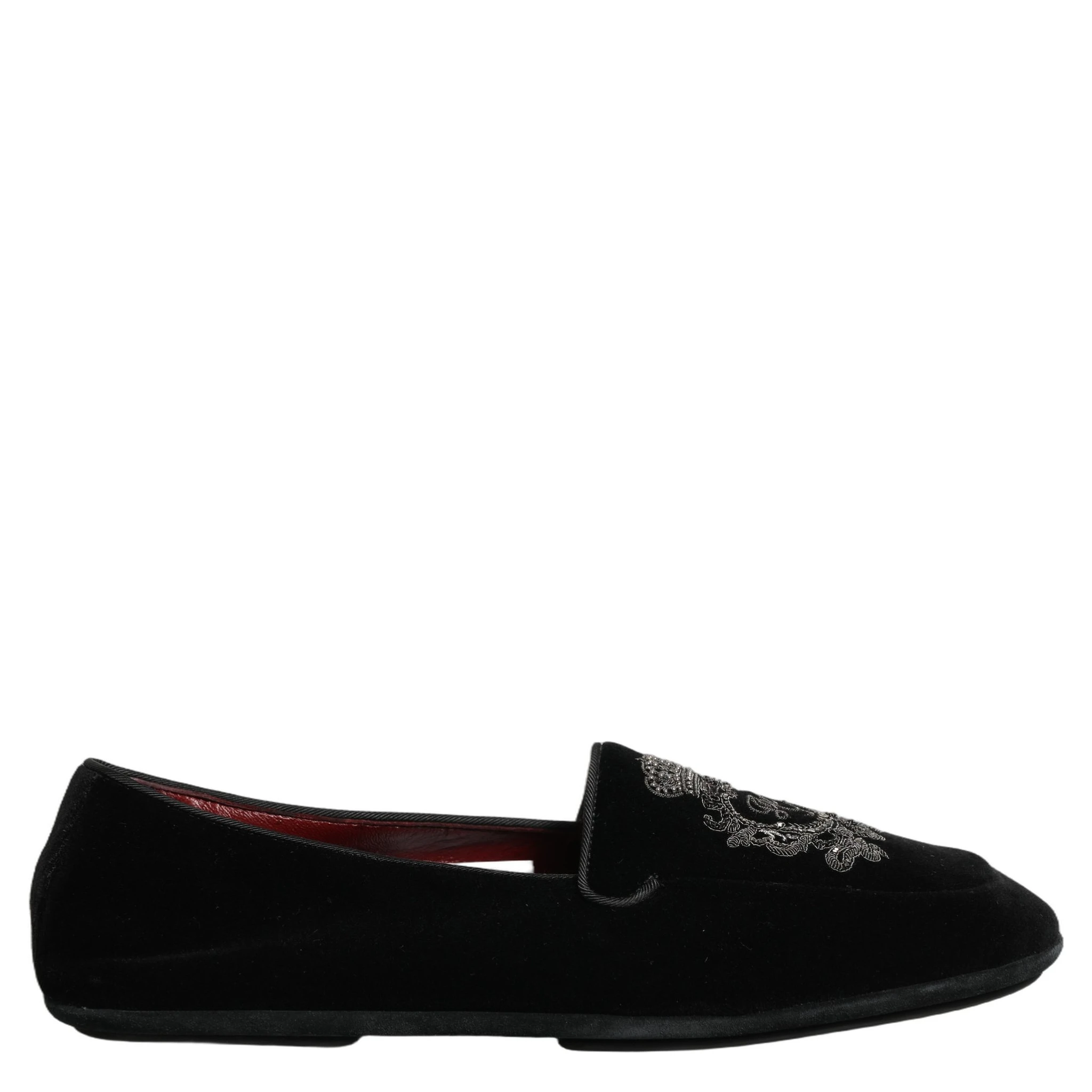 Black Velvet Crown Embroidery Loafers Shoes