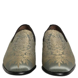 Gold Floral Jacquard Slip On Loafers Shoes