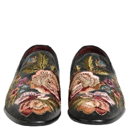 Black Velvet Floral Embroidery Loafers Shoes