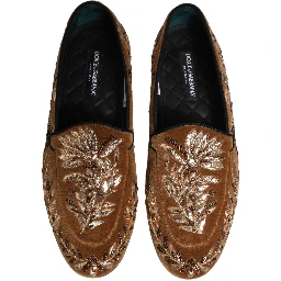 Brown Velvet Floral Embroidery Loafers Shoes