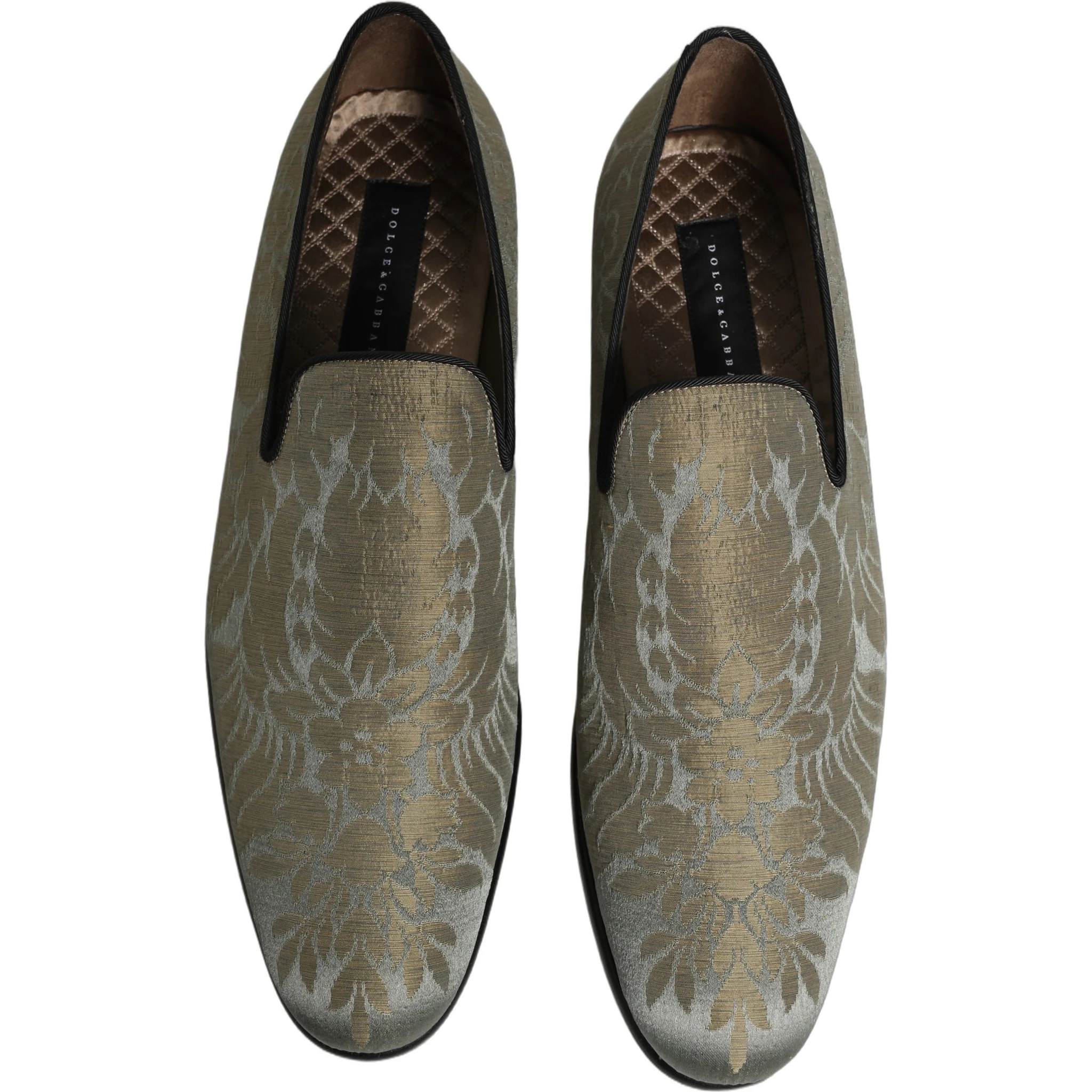 Gold Floral Jacquard Slip On Loafers Shoes